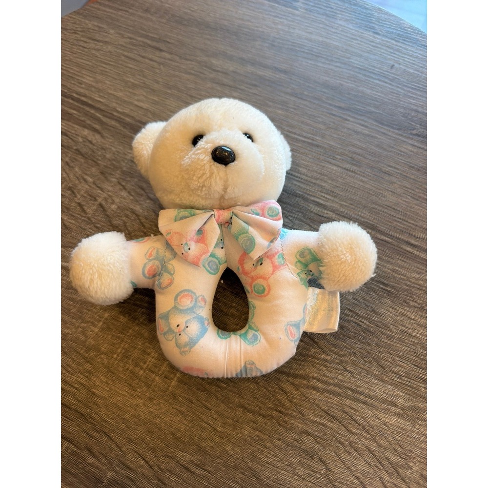 Vintage Carter's Prestige Bear Handheld Ring Rattle Baby Plush Stuffed Toy 6"